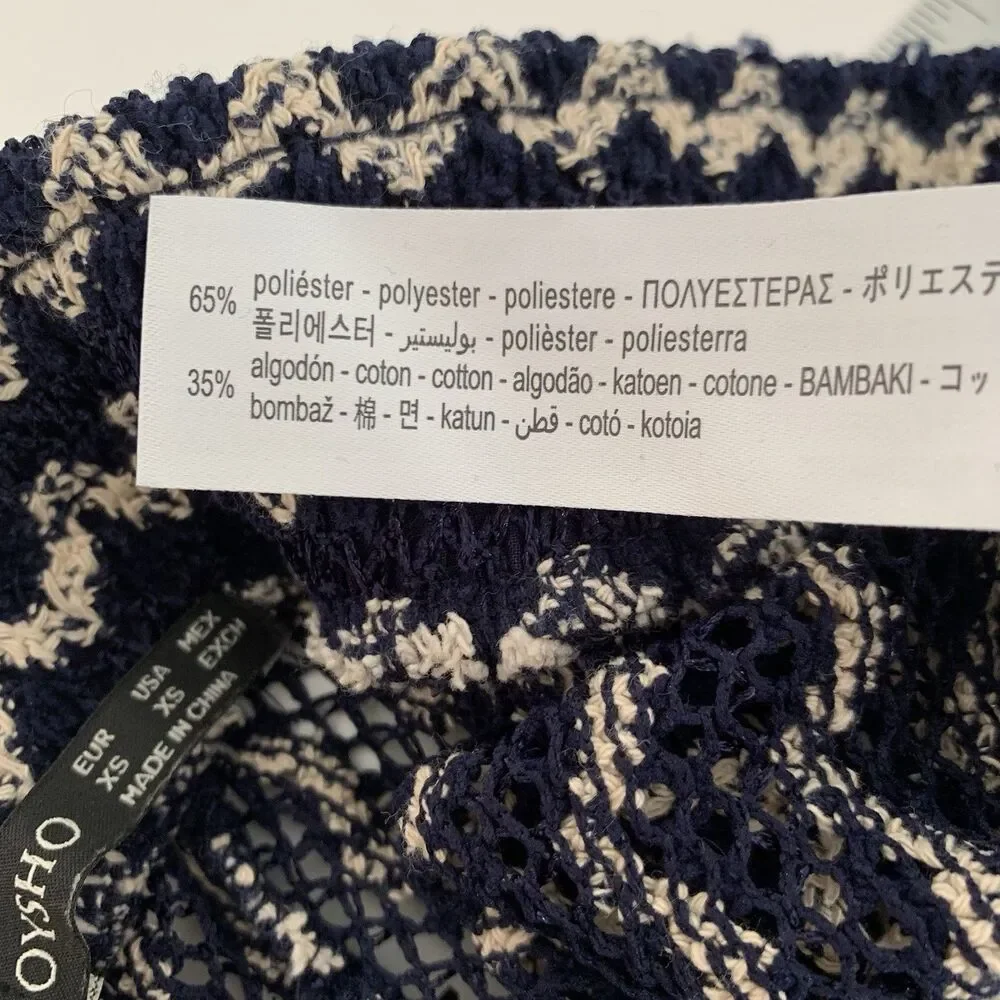 OYSHO Beach Pant XS Open Crochet Knit Navy Blue‎ Cream Stretch Sheer Flare Boho